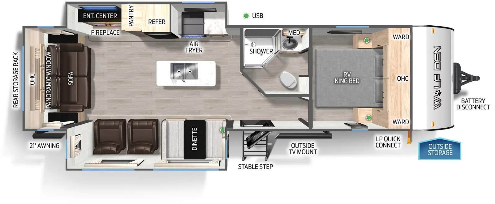 The Cherokee 274WK floorplan has one entry and two slide outs. Exterior features include: metal exterior and 21' awning. Interiors features include: kitchen island, front bedroom and rear living.